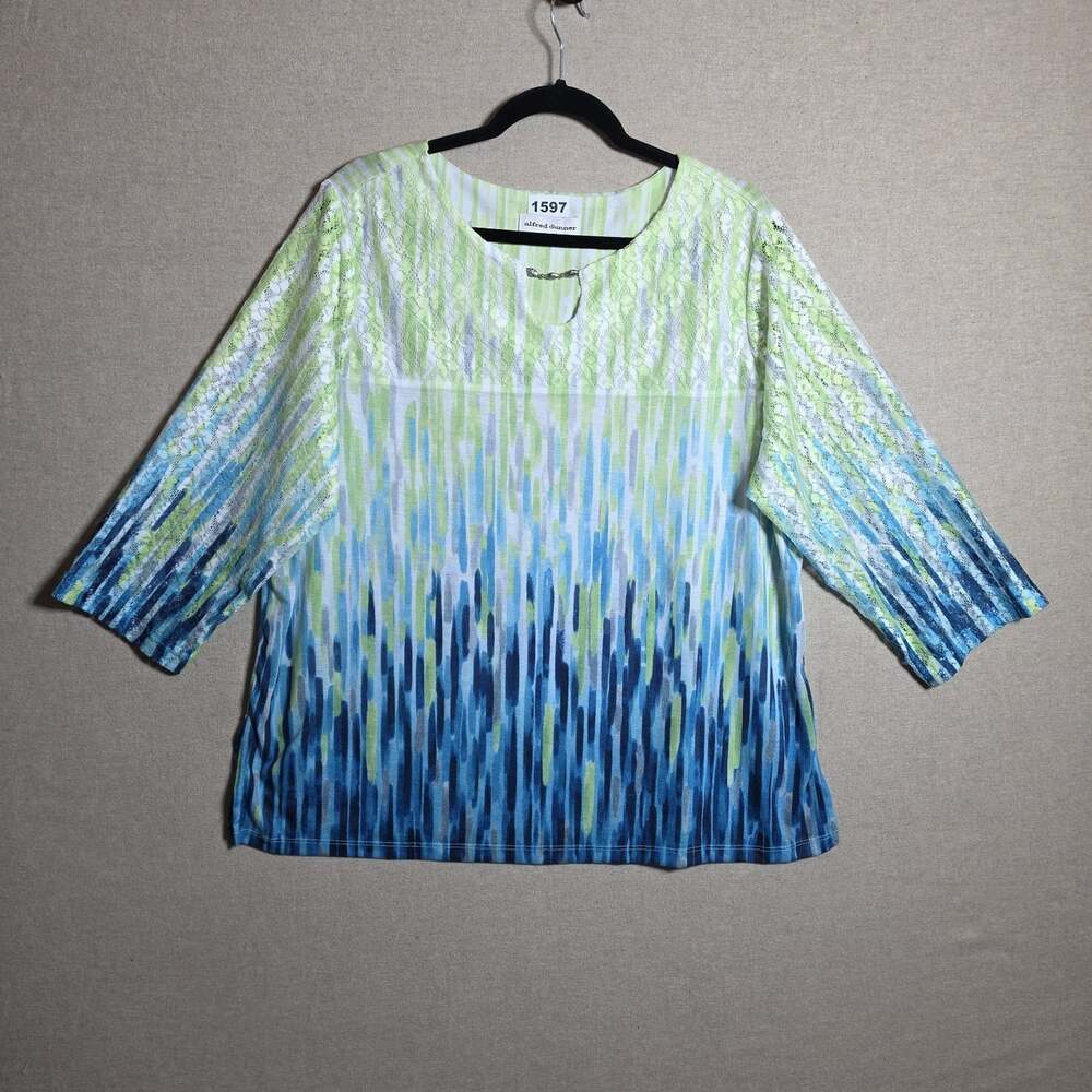 Alfred Dunner Women’s XL knit Top 3/4 sleeves blue green geometric lace sleeves